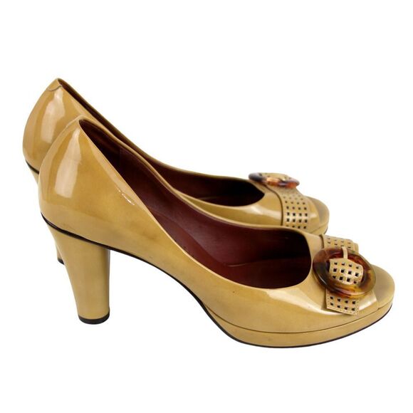 Joy Chen MUSTARD REAL LEATHER HIGH HEEL OPEN TOE BUCKLE CLASSIC PUMP SHOES Sz 9 - Picture 5 of 10